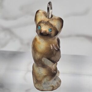 Vintage Native American Stone Fetish Pendant Turquoise Inlay Eyes Hand Carved